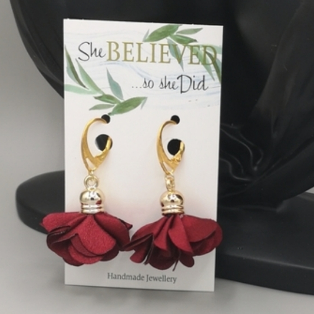 Romantic Ruby Rose Satin Flower Fluff Earrings